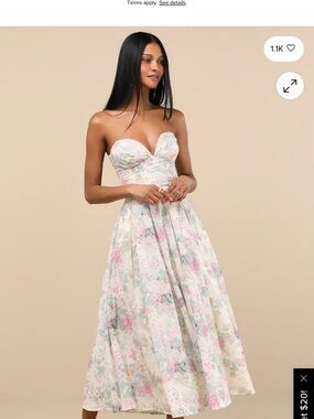Lulu’s  Strapless Sweetheart Midi Dress in Cream with Pastel Pink & Blue Floral